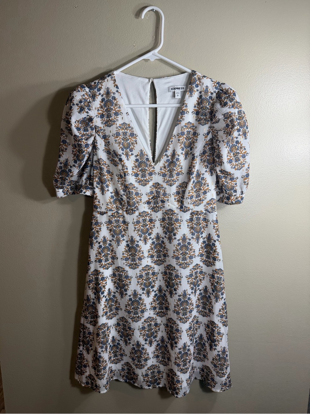 Express Floral Puff Sleeve Mini Dress S Blue Gold Deep V Open Back - Picture 1 of 9